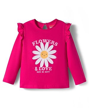Babyhug 100% Cotton Knit Full Sleeves T-Shirt with Floral & Text Print  - Dark Pink