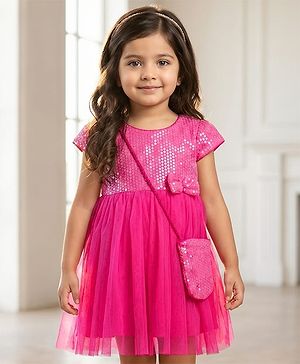 Babyhug Woven Cap Sleeves Party Dress With Sequin Detailing & Sling Bag - Dark Pink