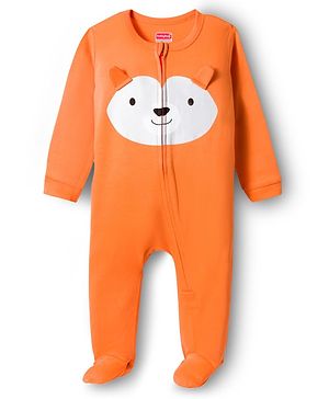 Babyhug Cotton Knit Full Sleeves Footed Sleepsuit With Animal Face Print & Ear Applique - Orange