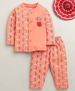 BUMZEE Cotton Knit Full Sleeves Co-ords Night Suit with Hot Air Balloon Print - Coral
