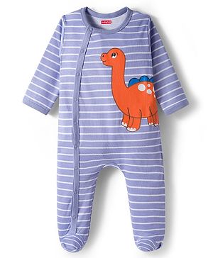 Babyhug Interlock Knit Full Sleeves Striped Footed Sleepsuit With Dino Print - Blue