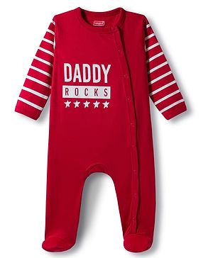 Babyhug Interlock Knit Full Sleeves Footed Sleepsuit With Text Print - Red