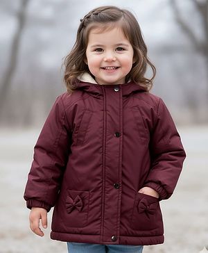 Babyhug Woven Full Sleeves Solid Color Hooded Puffer Jacket with Bow Applique - Wine