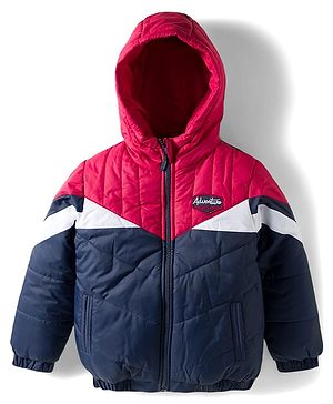 Babyhug Woven Full Sleeves Hooded Padded Jacket With Patch Detailing - Red & Navy Blue