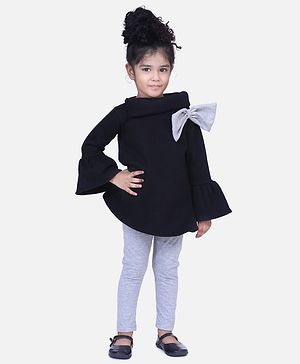 Aww Hunnie Fleece Knit Three Fourth Sleeves Bow Applique Detailed Dress With Leggings - Black