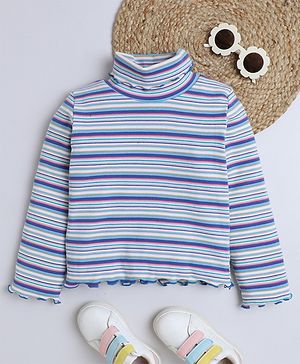 Aww Hunnie Cotton Blend Knit Full Sleeves Striped Turtle Neck Tee - Blue