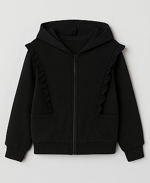 Aww Hunnie Terry Knit Full Sleeves Frill Detailed Solid Hooded Zipper Jacket - Black