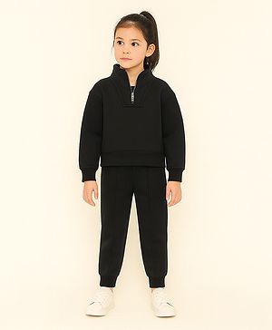 Aww Hunnie Terry Knit Full Sleeves Solid Sweatshirt & Joggers Set - Black