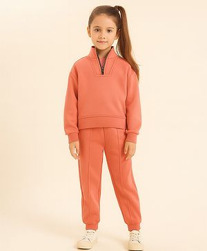 Aww Hunnie Terry Knit Full Sleeves Solid Light Winter Sweatshirt & Joggers Set - Peach