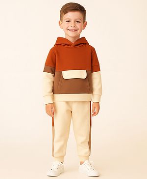 Aww Hunnie Terry Knit Full Sleeves Colour Blocked Hooded Sweatshirt With Coordinating Joggers Set - Rust