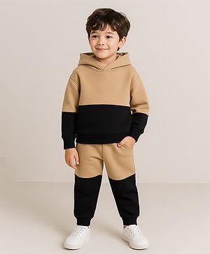 Aww Hunnie Fleece Knit Full Sleeves Colour Blocked Hoodie & Coordinating Jogger Set - Beige