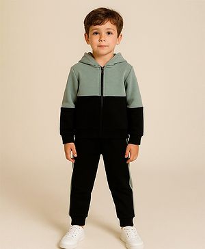 Aww Hunnie Fleece Knit Full Sleeves Colour Blocked Hooded Jacket & Coordinating Joggers Set - Black