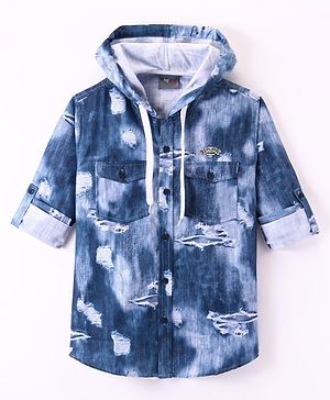 Dapper Dudes Full Sleeves Tie Dye & Distressed Hooded Shirt - Blue