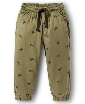 Babyhug Cotton Woven Full Length Trouser Pant With Bird Print - Green