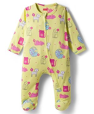 Babyhug Interlock Knit Full Sleeves Sleepsuit With Cat Print - Yellow