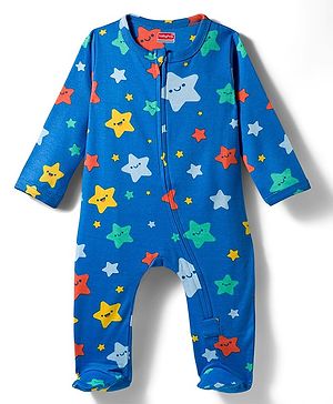 Babyhug Cotton Knit Full Sleeves Footed Sleepsuit With Star Print - Blue