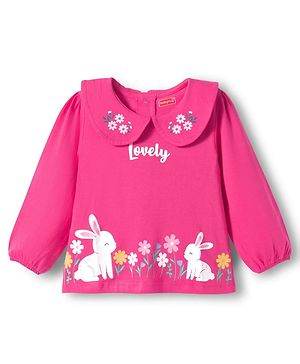 Babyhug 100 % Cotton Knit Full Sleeves Peter Pan Collar Top with Floral & Animal Print - Dark Pink