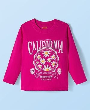 Babyhug 100% Cotton Knit Full Sleeves T-Shirt with California & Floral Text Print - Dark Pink