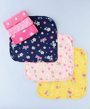 Babyhug Cotton Knit Wash Cloth with Floral Print Pack of 6 - Navy Blue Pink & Yellow