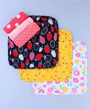 Babyhug Cotton Knit Wash Cloths with Floral & Polka Dot Pack Of 6 L 25.4 x B 25.4 cm - White Yellow & Pink