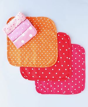 Babyhug Cotton Knit Wash Cloth with Polka Dots Print Pack of 6 - Orange Red & Pink