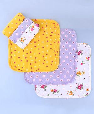 Babyhug Cotton Knit Wash Cloths with Floral Print Pack Of 6 L 25.4 x B 25.4 cm - White Yellow & Plum