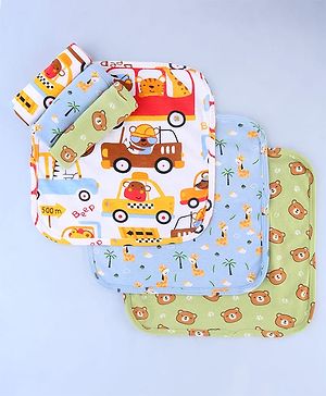 Babyhug Cotton Knit Wash Cloths with Vehicle & Animal Pack Of 6 L 25.4 x B 25.4 cm - White Light Blue & Light Green