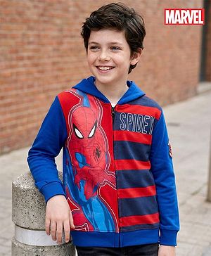 Pine Kids Marvel Terry Knit Hooded Full Sleeves Sweatjacket with Spider-Man Graphic - Blue & Red