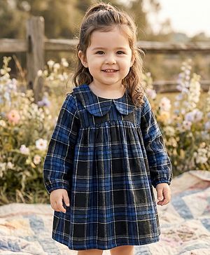 Babyhug Cotton Woven Full Sleeves Checkered Peter Pan Collared Frock - Blue