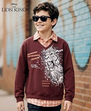 Pine Kids Disney Terry Knit Full Sleeves Overlap Sweatshirt With Lion King Graphics & Collar Detailing - Brown