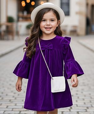 Babyhug Cotton Woven Full Bell Sleeves Solid Color Frock with Sling Bag & Bow Applique - Purple