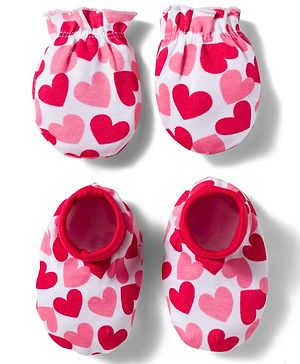Babyhug 100% Cotton Knit  Mittens & Booties Set with Heart Print - Pink