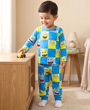 Babyhug Cotton Knit Full Sleeves Co-ords Night Suit With Animal Print - Blue