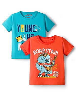 Dapper Dudes Pack Of 2 Half Sleeves Rock Star Text & Animals Printed Tees - Orange & Blue