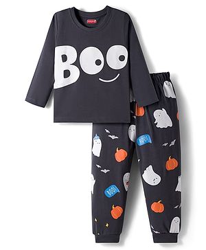 Babyhug Cotton Knit Full Sleeve Night Suit with Ghost Print - Charcoal Grey