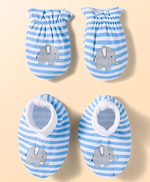 Babyhug 100% Cotton Knit Mittens and Bootie Set with Stripes & Animal Print - White & Blue