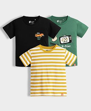 Orange Sugar 100% Cotton Knit Pack Of 3 Half Sleeves Travel Printed & Yellow Striped Tees  - Multi Colour