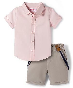 Babyhug Cotton Woven Half Sleeves Solid Color Shirt and Shorts Set With Suspender - Pink & Grey