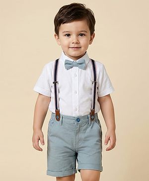Babyhug Cotton Woven Half Sleeves Shirt & Short Set With Bow & Suspender - White