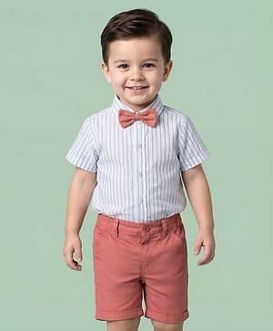 Babyhug Cotton Woven Half Sleeves Shirt & Shorts Set with Bow & Stripes - Rose Gold & White