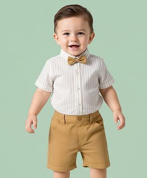 Babyhug Cotton Woven Half Sleeves Front-Open Shirt & Shorts Set with Bow & Stripes Print - White & Yellow