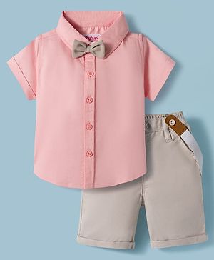 Babyhug Cotton Woven Half Sleeves Shirt & Shorts Set with Bow & Suspender - Light Peach & Beige