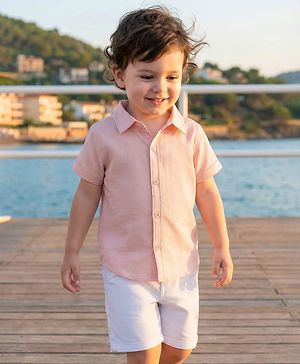 Babyhug Cotton Woven Half Sleeves Front Open Solid Color Shirt and Shorts Set - Light Peach & White
