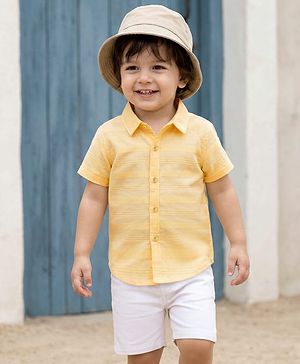 Babyhug Cotton Woven Half Sleeves Front-Open Shirt & Shorts Set with Stripes Design - White & Yellow