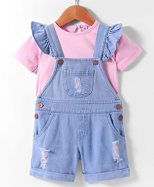 Enfance Cap Sleeves Distressed Dungaree With Tee Set - Pink
