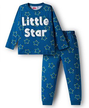 Babyhug Cotton Knit Full Sleeves Night Suit With Little Star Text Print - Navy Blue