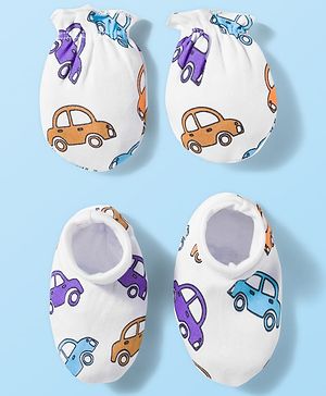 Babyhug 100% Cotton Knit  Mittens & Booties Set with Vehicle Print - White