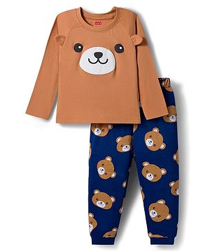 Babyhug Cotton Knit Full Raglan Sleeves Night Suit With Animal Print - Brown