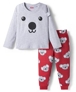 Babyhug Cotton Knit Full Sleeves Night Suit with Bear Print & Ear Applique - Grey