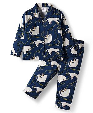 Ollypop Sinker Knit Full Sleeves Co-ords Night Suit With Animal Print - Navy Blue